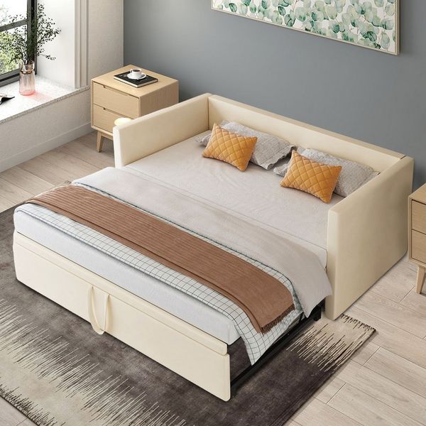 FUROKOY Schlafsofa Daybett Polsterbett Tagesbett mit Lattenrost, Schlafsofa Ausziehbett 90x200/180x200cm,Beige,Samt