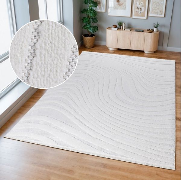 OTTO home Teppich Samelia mit Fransen, Wellendesign, Balkon, Camping, rechteckig, Höhe: 6 mm, Hoch-Tief-Struktur, In- und Outdoor geeignet für Küche oder Esszimmer
