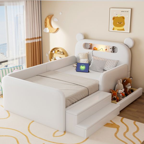 Merax Kinderbett, 90x200 cm, Polsterbett mit Bären-Kopfteil, Nachtlicht, USB-Ladeanschluss, integriertem Stauraum und Stufensitz – sicher und praktisch, Weiß