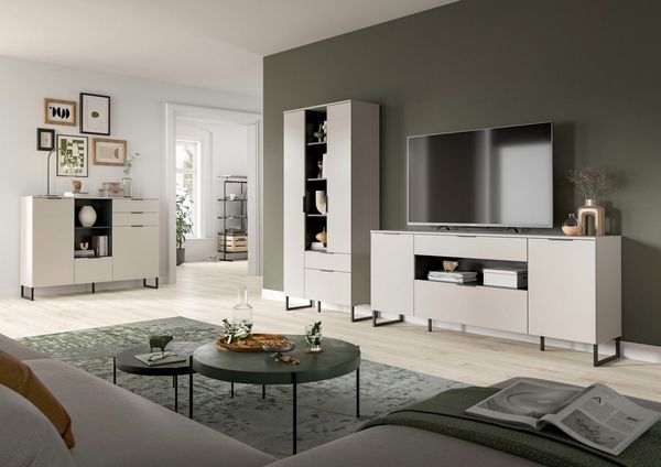 Home affaire Wohnwand ADIO, Breite 290 cm, 2-teiliges Set, mit Metall-Kufenfüße, (Set, 2-St, bestehend aus: Mehrzweckschrank und Sideboard), Kombination, Anbauwand, Set, Wohn-Set, Wohnzimmer-Set, Schrankwand