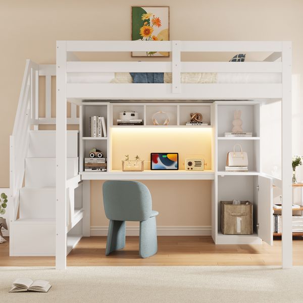 Merax Hochbett mit Treppe 140 x 200 cm, Mit Stauraum, Schreibtisch, Regalen, LED-Beleuchtung und EU-Standardsteckdosen Sowie Hohen Sicherheitsgittern, Weiß