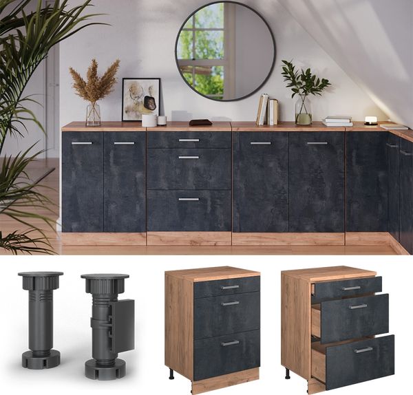 Erweiterungskommode Rion Schwarz Beton/Goldkraft Eiche 60 x 46 cm ohne Schräge mit 3 Schubladen Vicco Bild 5