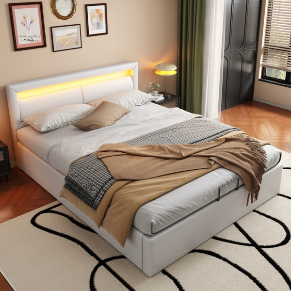Merax LED Doppelbett 140x200 Polsterbett aus Kunstleder mit Lattenrost & Hydraulische Stauraum Weiß Bild 6