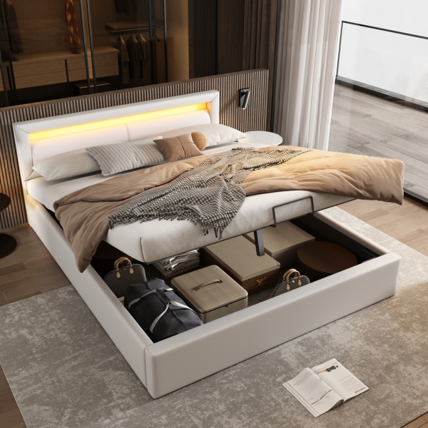 Merax LED Doppelbett 140x200 Polsterbett aus Kunstleder mit Lattenrost & Hydraulische Stauraum Weiß Bild 4