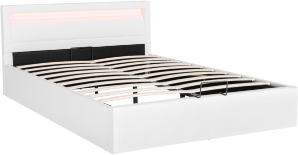 Merax LED Doppelbett 140x200 Polsterbett aus Kunstleder mit Lattenrost & Hydraulische Stauraum Weiß Bild 8