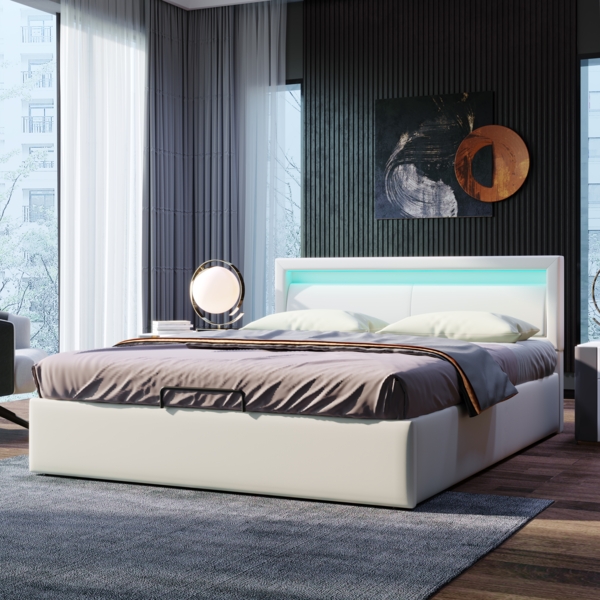 Merax LED Doppelbett 140x200 Polsterbett aus Kunstleder mit Lattenrost & Hydraulische Stauraum Weiß Bild 3