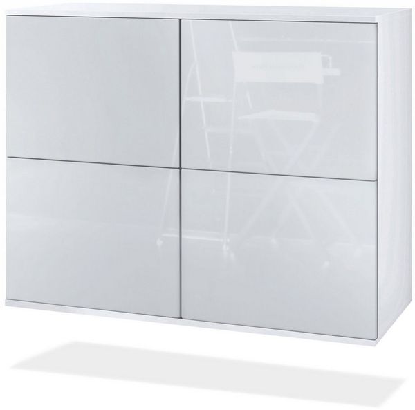 Vladon Kommode Rova V2 (Moderner Küchenschrank, mit 4 Push-to-Open Türen), Weiß matt / Weiß Hochglanz (92,5 x 73.5 x 35)
