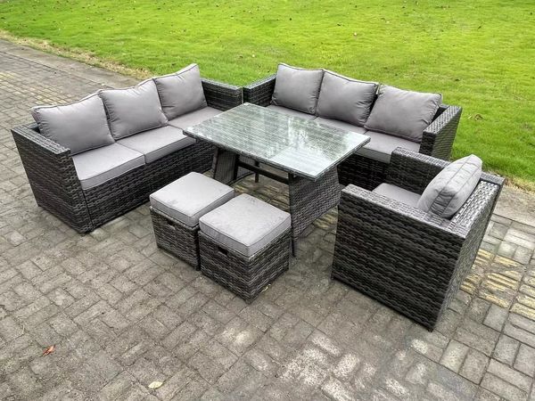 Fimous 9-Sitzer Polyrattan Garten Esstisch Set Gartenmöbel Sofa mit Patio Sessel 2 Kleiner Hockern Dunkelgrau Gemischt