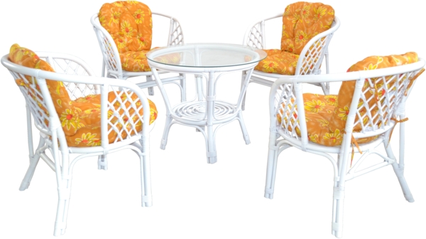 5tlg. Rattantischgruppe/Loungmöbelset, handgefertigt, weiß, mit Kissenauflage