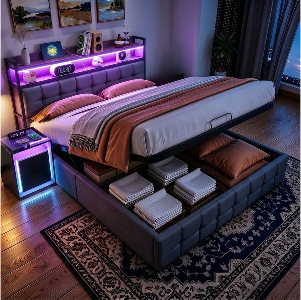 PXloue Polsterbett LED hydraulisches Doppelbett (inkl. Hydraulisch anhebbarer Bettstauraum), mit USB-Laden und Stauraum am Kopfteil,Leinen,140x200 cm