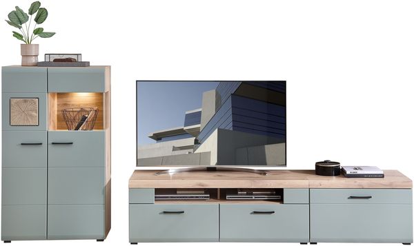 Wohnwand >Kathlin< (3-teilig) schilfgrün / Eiche Dekor - ca. 320x139x47 cm (BxHxT)