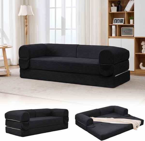 LVHOM Modulares Sofa 2 Sitzer, Schlafsofa mit Seitentaschen, Klappsofa mit Schlaffunktion, kein Aufbau erforderlich, Cord, Schwarz