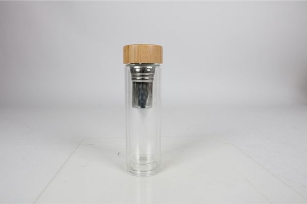 6x Glasflasche 350 ml mit Teesieb und Bambusdeckel – doppelwandige Thermoflasche aus Borosilikatglas, ideal für Tee und Infused Water, umweltfreundlich