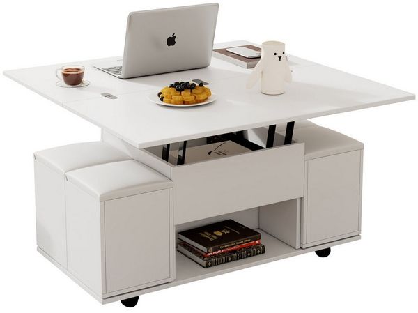 Merax Couchtisch Anhebbarer Wohnzimmertisch mit faltbarer Tischplatte (5-St), Beistelltisch mit Lift-Top-Mechanismus und 4 Aufbewahrungshockern