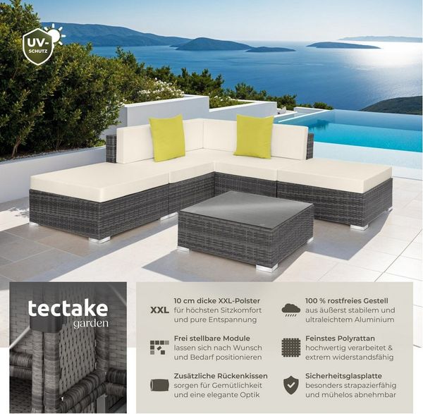 tectake Loungeset Rattan Sitzgruppe mit Sicherheitsglasplatte, 2 extra Kissen, (Gartenlounge-set Paris, 6-tlg, geeignet für Outdoor in Grau), wetterfest und UV-beständig, Dicke der Polster 10 cm