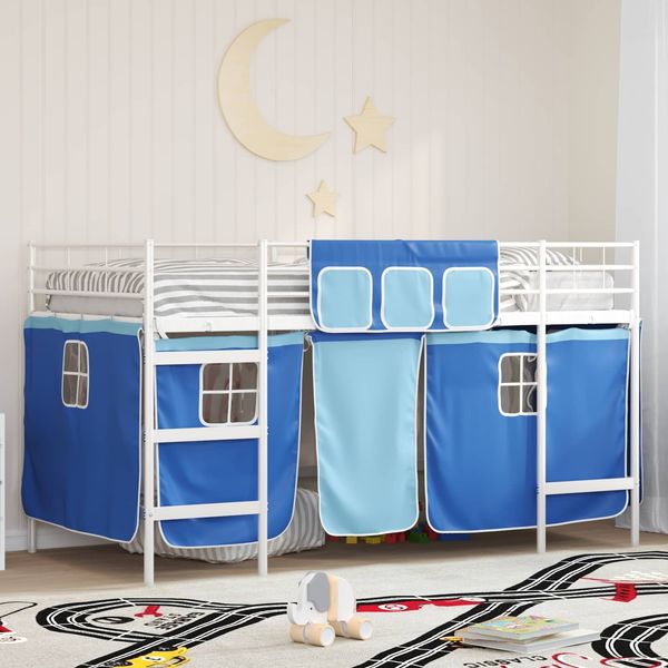 vidaXL Kinder Loft Bettgestell mit Vorhängen Weiß und Blau 42020820
