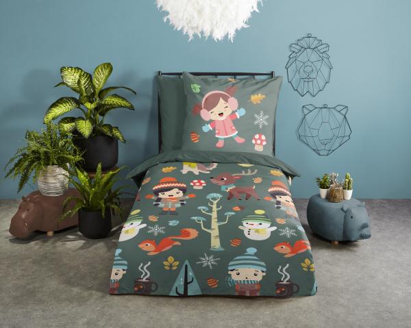 Good Morning Kinder Bettwäsche 135x200 Fun grün Schneemann Kinder Herbst Winter 30241-G