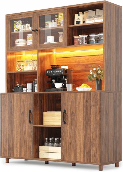 Hochschrank H 185 x T 40 x B 140 cm, Walnussbraun, MDF mit LED und gehärteten Glasschiebetüren