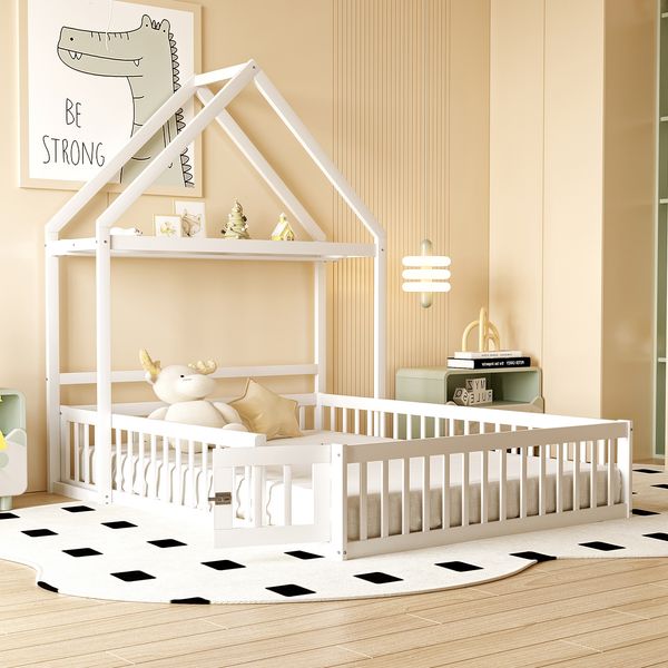 Bett 140x200 cm als Hausbett mit Stauraum und Tür – Massivholz Kinderbett in Weiß, ohne Matratze