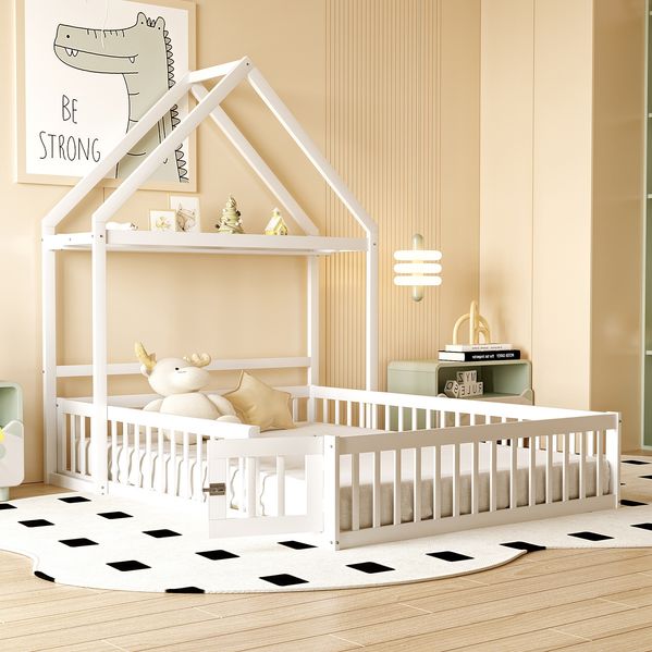 Bett 140x200 cm als Hausbett mit Stauraum und Tür – Massivholz Kinderbett in Weiß, ohne Matratze