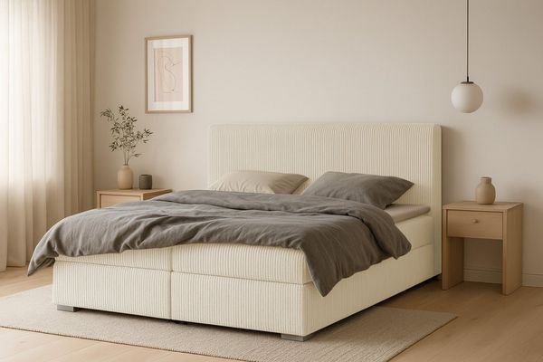 Deine Möbel 24 Boxspringbett LON IV Boxspring Komplettbett Polsterbett Bonellfederkernmatratzen (Cord Beige Creme Grau Dunkelgrau Graphit Schwarz, 3-St, Boxbett Cord Cord-Samt 140x200 160x200 180x200 200x200), inkl. Bettkasten Topper Matratzen H3 H4