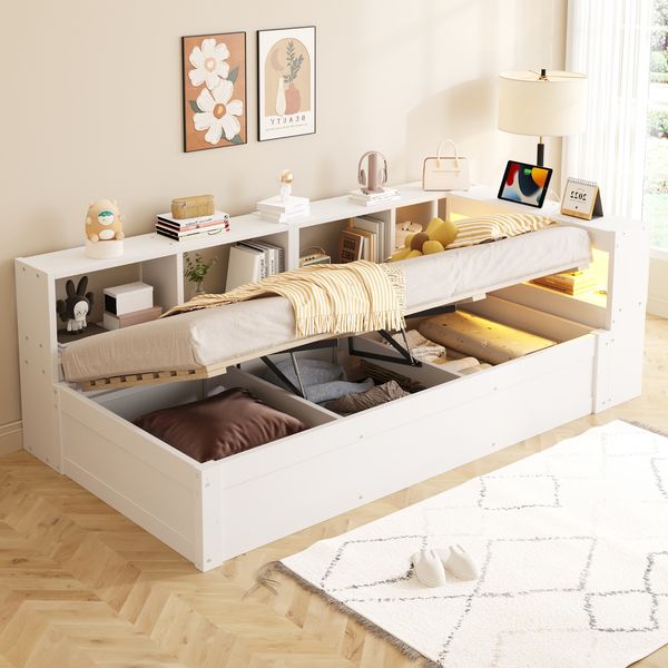 Schlafsofa 90 × 200 cm, Ausgestattet Mit Einer Euro-Steckdose Und Mehreren Staufächern, Mit Mehrfarbigen LED-Lichtleisten, Hydraulischem Bettmechanismus, Weiß