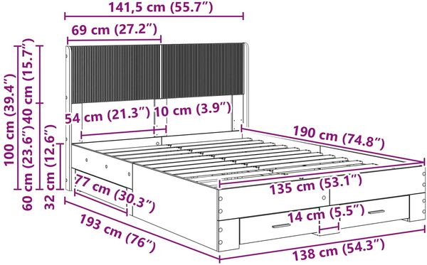 vidaXL Bettgestell mit Stauraum und Kopfteil Geräucherte Eiche 3414479 Bild 11