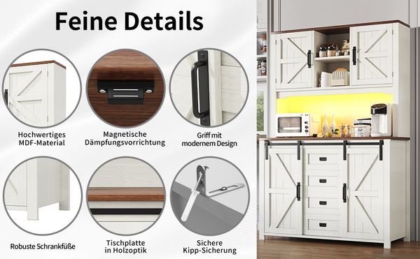 MODFU Hochschrank Küchenschränke mit LED-Beleuchtung (praktischer Stauraum mit verstellbaren Regalen, elegantes Weiß/schwarz mit X-Design, 1-St, 115 × 40 × 174,7 cm) mit Schiebetüren Bild 6
