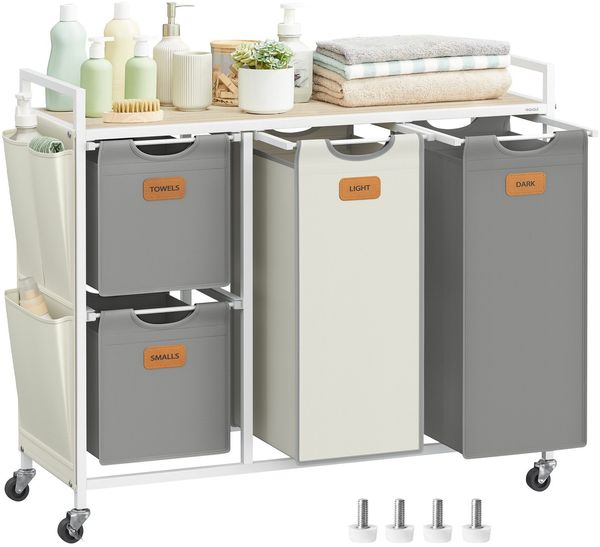 VASAGLE Wäschekorb 4 Fächer, Wäschesammler 150 L, Wäschesortierer, Rollen, Wäschewagen mit Ablage, Wäschesack, kleine seitliche Taschen, 6 Etiketten, naturbeige-taubengrau-cremeweiß