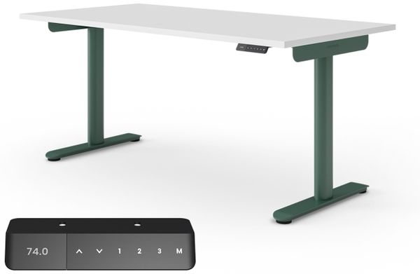 Ergotopia Desktopia One I Elektrisch höhenverstellbarer Schreibtisch I Tischplatte: 160x80 cm, Weiß Dekor I Gestell Waldgrün I Top Preis-Leistung