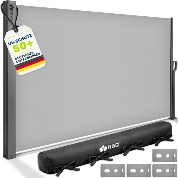 tillvex® Seitenmarkise 180x400 cm Grau ausziehbar & Blickdicht | Sichtschutz für Balkon, Garten & Terrasse | Seitenrollo mit Wandhalterung | Sonnenschutz aus rostfreiem Stahl | Markise Windschutz