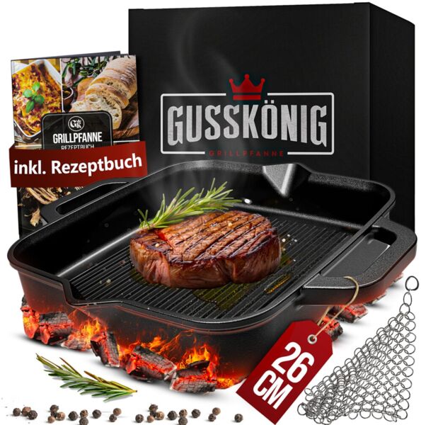 Grill-Feuerpfanne 26 cm Gusseisen – mit 2 Henkeln, Grillrost-Struktur, Ringreiniger & Rezeptheft, induktionsgeeignet & eingebrannt