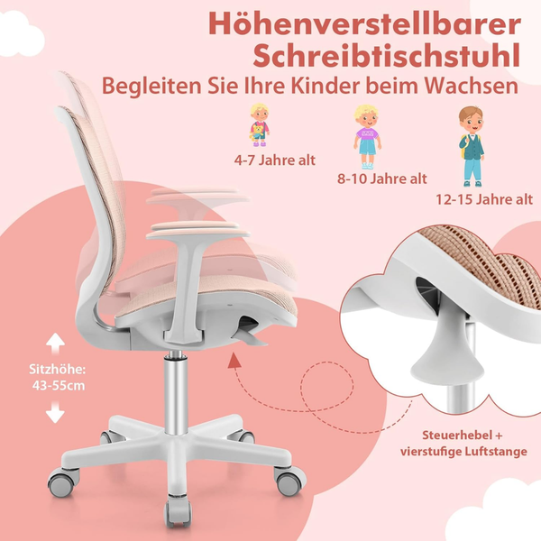 Höhenverstellbarer Kinderdrehstuhl mit Sitzbremse Ergonomischer Schreibtischstuhl auf Rollen Rosa