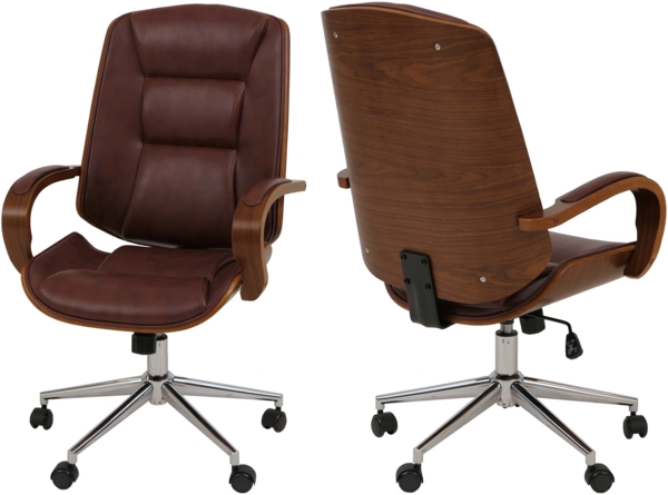 Bürostuhl HWC-O83, Drehstuhl Chefsessel, Kunstleder (280g/m²) Bugholz FSC®-zertifiziert Walnuss-Optik ~ rotbraun