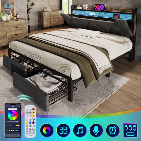 Bettgestell 160x200 cm mit LED-Kopfteil,Stauraum-Kopfteil & 2 Schubladen,Leinen Grau,USB & Typ-C Ladeanschlüsse