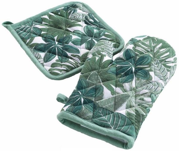 Macosa Home Topfhandschuhe Backhandschuh & Topflappen Dschungel Grün Weiß rutschfest, (modern, Topfhalter Küchenutensil Handschuh Küche), hitzebeständig Backofenhandschuh Küchenhelfer