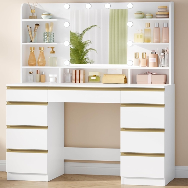 Großer Schminktisch mit LED-Beleuchtung, 10 LED-Lichtkugeln, 3 Farben, einstellbare Helligkeit, Schminktisch mit Spiegel, 9 Schubladen, 9 offenen Ablagen, moderner Stil, Weiß-Gold