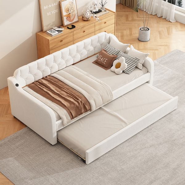 Schlafsofa 90x200 cm Tagesbett ausziehbar mit Rollbett,USB-Anschluss,mit Schlafgelegenheit, multifunktionales Gästebett,Beige