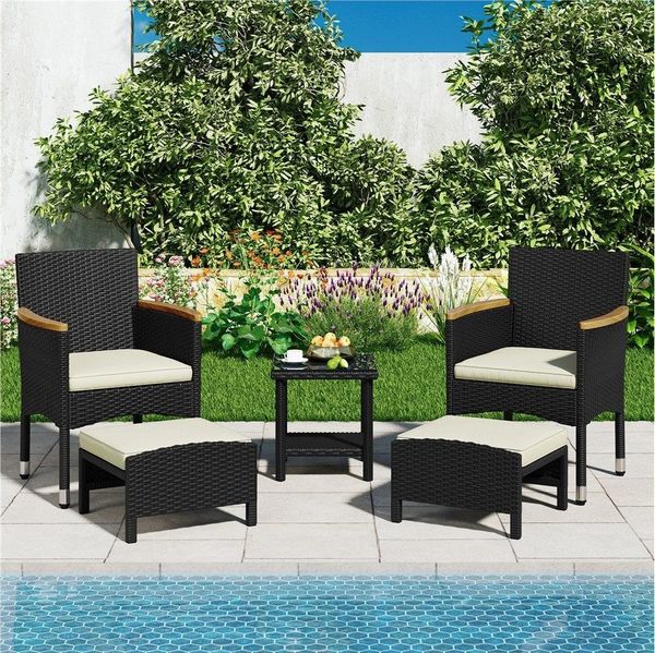 Yaheetech Gartenlounge-Set mit Sessel, Fußhocker & Kaffeetisch, Rattan-Optik, Schwarz & Beige