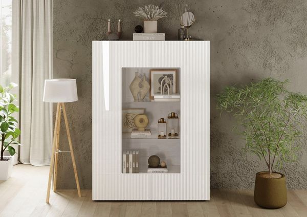 Home affaire Vitrine RIO, Höhe 166 cm, Hochschrank mit 2 Türen, Anrichte, Standvitrine Vitrinenschrank, geriffelte MDF-Fronten, modern, elegant, geräumig