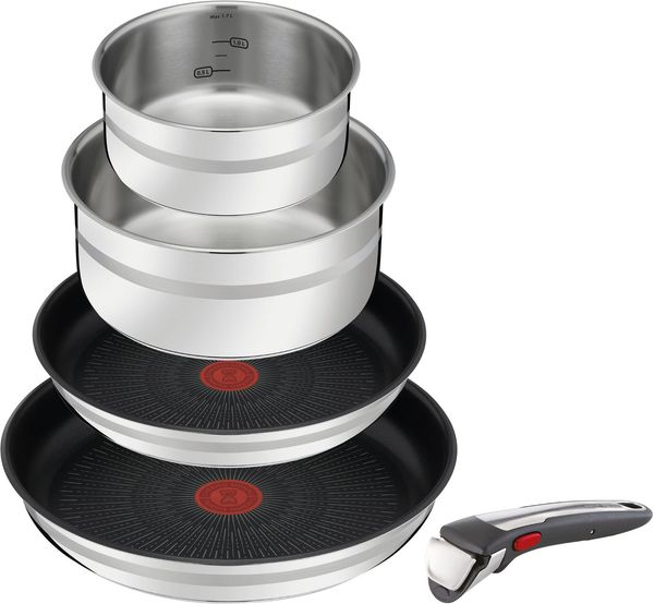 Jamie Oliver by Tefal Ingenio 5-teiliges Topf und Pfannenset abnehmbarer Griff, stapelbar, platzsparend, Topfset Induktion mit Antihaftversiegelung, einfache Handhabung und Reinigung, L97696