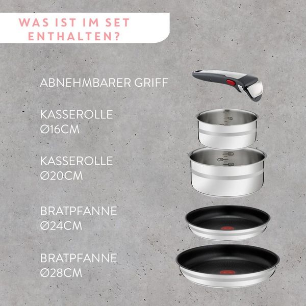 Jamie Oliver by Tefal Ingenio 5-teiliges Topf und Pfannenset abnehmbarer Griff, stapelbar, platzsparend, Topfset Induktion mit Antihaftversiegelung, einfache Handhabung und Reinigung, L97696 Bild 3