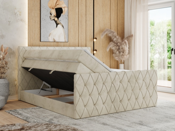 Boxspringbett, Doppelbett mit Fußteil, Multipocket-Matratzen und Topper, gestepptes Kopfteil und Front - MIREN KING DUO - 200 x 200 cm - Beige Velours - H3 Bild 3