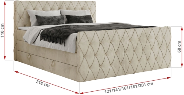 Boxspringbett, Doppelbett mit Fußteil, Multipocket-Matratzen und Topper, gestepptes Kopfteil und Front - MIREN KING DUO - 200 x 200 cm - Beige Velours - H3 Bild 6