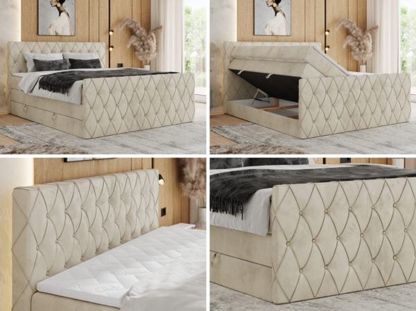 Boxspringbett, Doppelbett mit Fußteil, Multipocket-Matratzen und Topper, gestepptes Kopfteil und Front - MIREN KING DUO - 200 x 200 cm - Beige Velours - H3 Bild 2