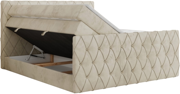 Boxspringbett, Doppelbett mit Fußteil, Multipocket-Matratzen und Topper, gestepptes Kopfteil und Front - MIREN KING DUO - 200 x 200 cm - Beige Velours - H3 Bild 5