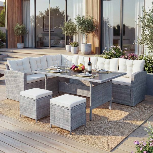 Poly-Rattan-Garnitur HWC-A29, Gartengarnitur Sitzgruppe Lounge-Esstisch-Set Sofa ~ hellgrau, Kissen creme + 2x Hocker