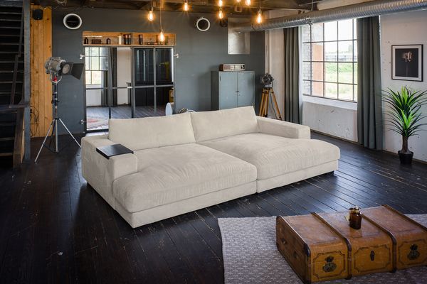 KAWOLA Big Sofa XL MADELINE mit Holztablett schwarz für Armlehne Cord cremeweiß 85 x 190 x 290 cm