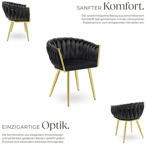 tectake Esszimmerstuhl Küchenstuhl Astano, Belastbarkeit 120 kg, schwarz/gold (6er Set, 6 St), gepolstert, mit Samtbezug, Knotendesign Bild 2