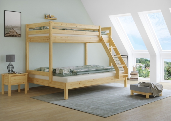 Doppel-Etagenbett 140x200 und 90x200 Erwachsenen-Stockbett Kiefer Massivholz natur V-60.18-09-14Rollrost inkl.